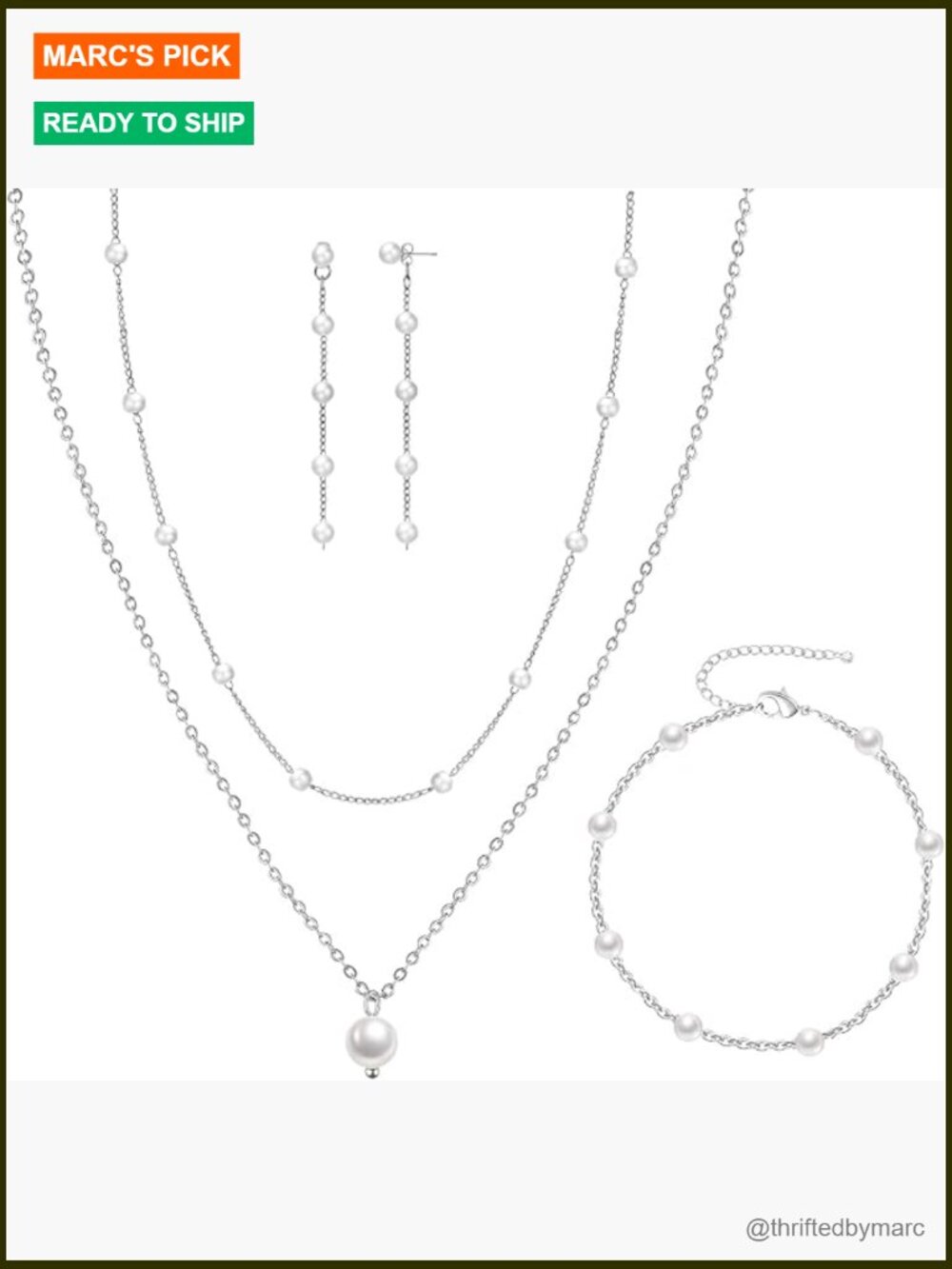 Dainty Layered Pearl Choker Necklace & Earring Set, Silver Thin Chain, Lobster